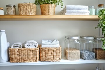Fototapeta premium Organized laundry room shelving with towels and storage jars