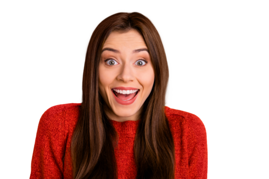 Close up photo of sweet lovely rejoicing trendy millennial youth ecstatic with emotional face expression smiling toothily stunned isolated over yellow vivid color background