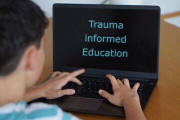 adolescence and education. trauma-informed education. preteen boy typing concept on his laptop