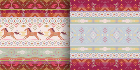 Ethnic seamless patterns with geometric Aztec ornament and horses. American Southwest, Navajo prints.
