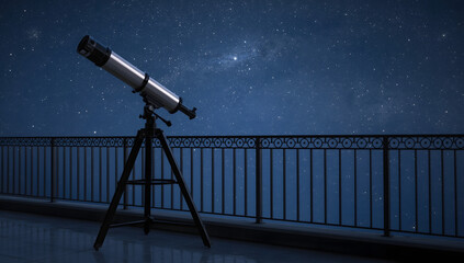 A telescope stands on a balcony, gazing at a starry night sky.