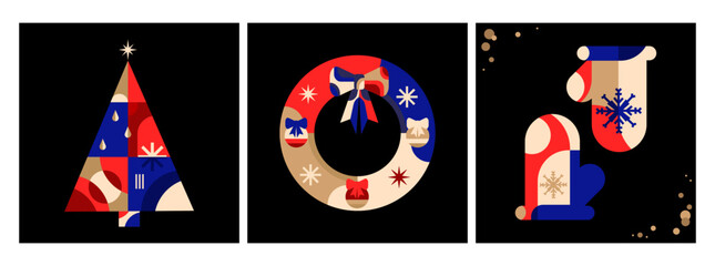 Merry Christmas and Happy New Year Modern greeting cover posters with abstract holiday elements Christmas tree, wreath in retro geometric style. Retro holiday cards, gift tags, social media. Vector