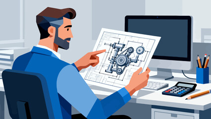 The engineer is looking at the design drawings, cartoon hand-drawn vector illustrations