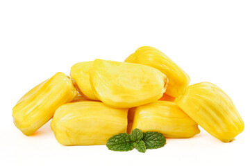 Fresh Yellow Hainan Jackfruit Segments with Mint on White Background