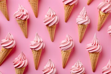 Pink ice cream cones on pink background pattern for a poster, flyer, invitation