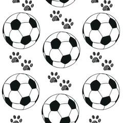 Naklejka premium Football and paw prints seamless fabric pattern