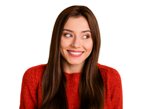 Close up photo of cheerful cute nice lovely girlfriend looking tenderly away smiling toothily isolated over yellow vivid color background