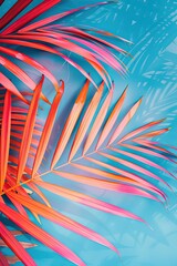 Palm leaves on blue. Summery, tropical, colorful background. Use for phone wallpaper