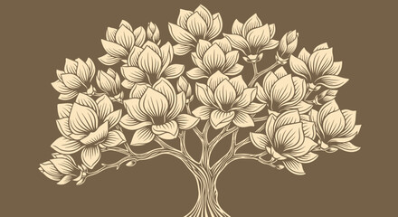 Graphic magnolia tree with simple line art against brown backdrop © gudangPIXEL