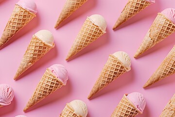 Ice Cream Cones Pattern on Pink Background for Summer Food Concept Promotion
