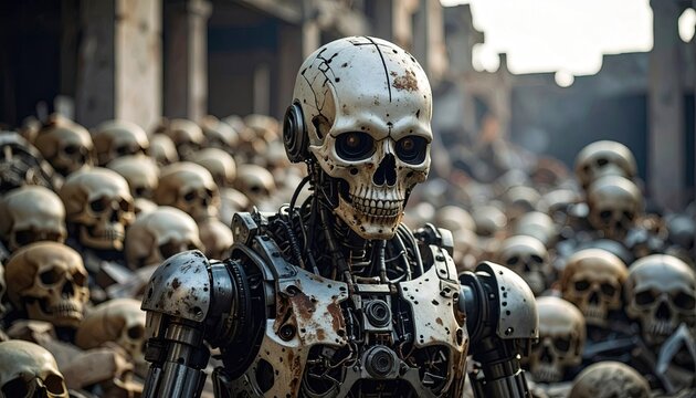 Metallic robot amidst many skulls - Powered by Adobe