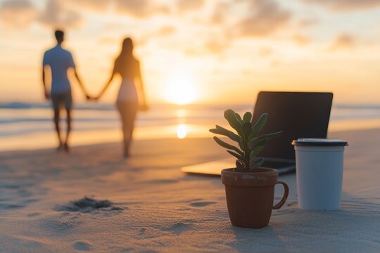 Remote work concept: couple at beach with laptop and plant at sunset - Powered by Adobe