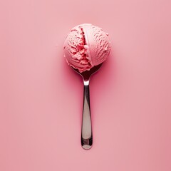 Spoon holds pink ice cream dessert on pink background. Food blog or promo use
