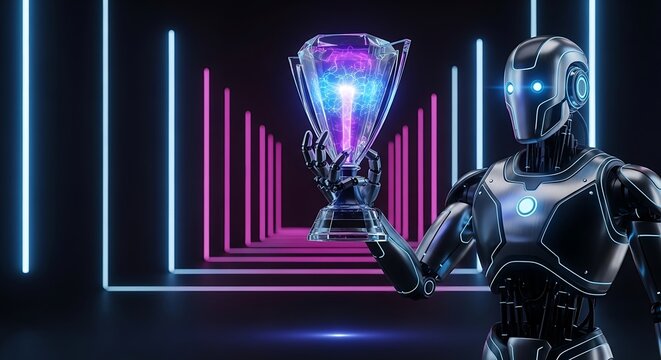 A futuristic robot holding a glowing trophy in a neon-lit corridor, symbolizing achievement in technology.