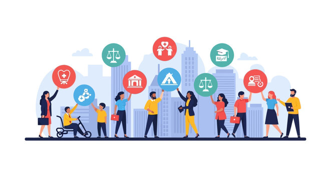 A conceptual illustration of a diverse community advocating for social welfare, human rights, and public policy in a modern city