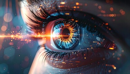 Macro view of a human eye with digital overlay; the iris glows brightly, with glowing circuit lines