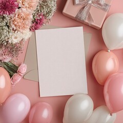 Blank card with blooms, present and balloons for celebration in pink background