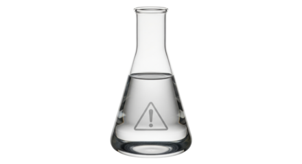 Isolated Erlenmeyer flask containing clear liquid with caution sign chemical hazard warning