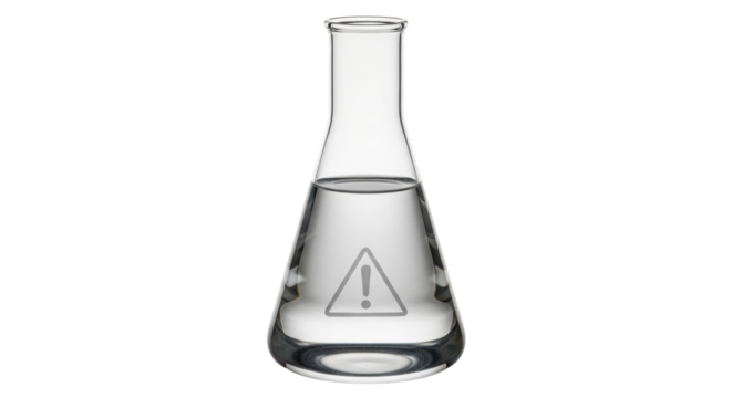 Isolated Erlenmeyer flask containing clear liquid with caution sign chemical hazard warning