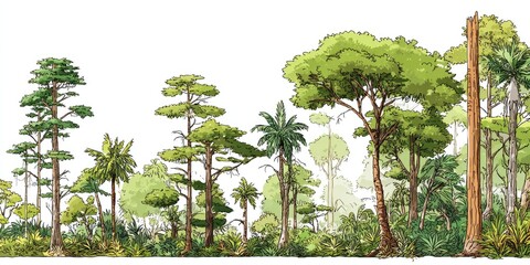 Forest Trees in Tropical Scenery; Illustration for books or nature studies