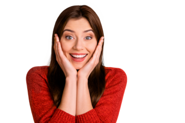 Photo trendy cheerful cute charming pretty sweet young girl impressed with new information touching her cheeks smiling toothily isolated over yellow vivid color background