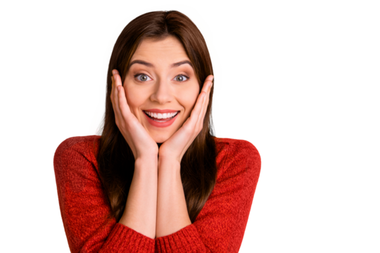 Photo trendy cheerful cute charming pretty sweet young girl impressed with new information touching her cheeks smiling toothily isolated over yellow vivid color background