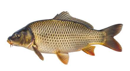Isolated Common Carp, a freshwater fish species found in Eurasia, with golden scales