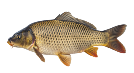 Isolated Common Carp, a freshwater fish species found in Eurasia, with golden scales