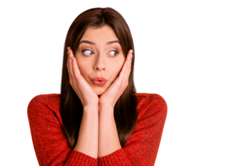 Photo of funny cute charming pretty youngster having made mistake and now whistling pretending that nothing happened with lips pouted isolated over vivid color background