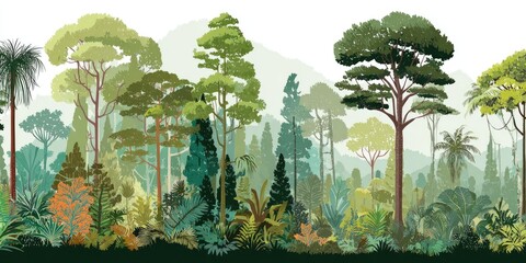 Vector forest trees creating a natural border. Landscape illustration background