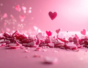Pink heart-shaped candies cascade on a soft pink background