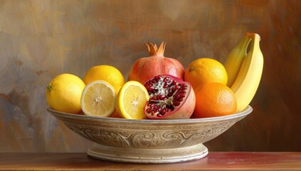 Fruit bowl still life on wood table against painted wall; healthy eating concept