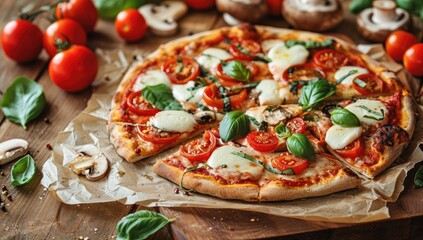 Sliced pizza on board, tomatoes, mushrooms, basil. Food photography, menu use