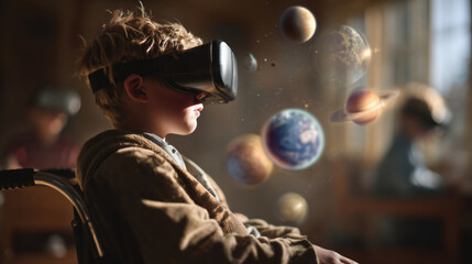 Childrens in VR headsets exploring universe. One child in a wheelchair, symbolizing inclusion and accessibility. Combination technology with learning, importance of equal opportunities in education