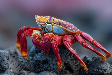 Sally footed crab standing on the rocks of the galapagos islands in a colorful close up view