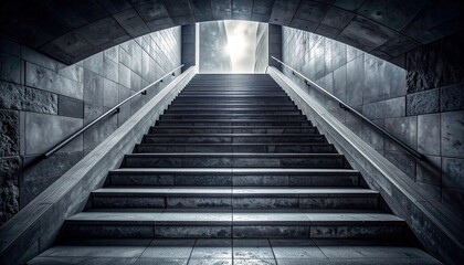 Stairway Leading to Bright Light in Concrete Tunnel Perspective View