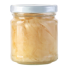 Pickled ginger gari in glass jar, transparent