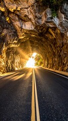 Fototapeta premium Sunbeams pierce a mountain tunnel, illuminating a highway
