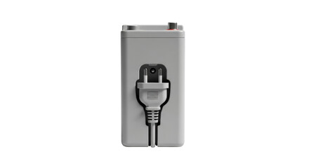 Isolated grey battery with an embedded two-prong AC power plug for convenient charging