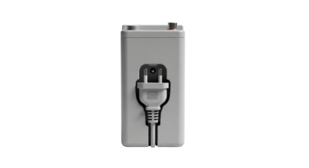 Isolated grey battery with an embedded two-prong AC power plug for convenient charging
