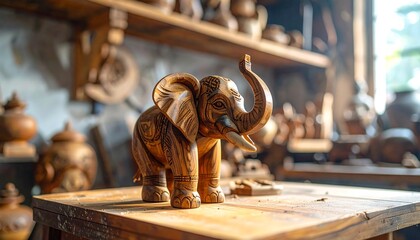 Carved wooden elephant figurine in a workshop