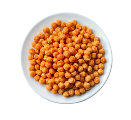 Breakfast cereal corn puffs on plate with transparent background