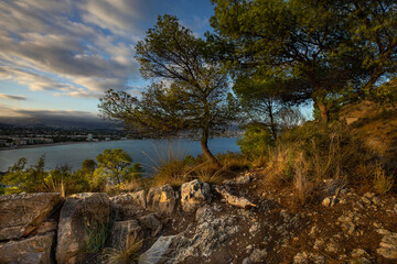 Scenic coastal landscape in Albir, Spain. Rocky foreground with dry grass and pine trees, overlooking the Mediterranean Sea and dramatic clouds at sunset.