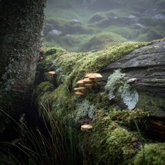 Mushrooms grow on mossy log in forest. Foggy background ideal for ecology sites