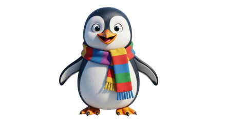 Fototapeta premium Isolated cheerful penguin wearing scarf, standing still, cute animal character, winter season