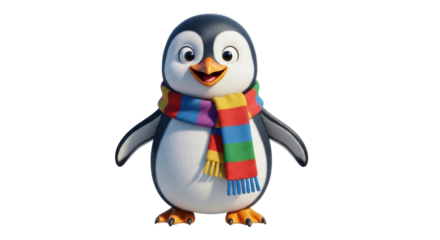 Isolated cheerful penguin wearing scarf, standing still, cute animal character, winter season