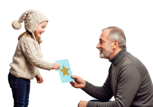 Child Giving Star Card to Smiling Older Adult on White Background
