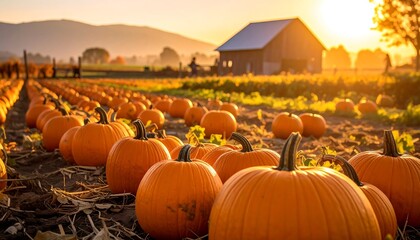 A pumpkin patch in autumn, with rows of pumpkins at sunset. A barn sits in the distance with rolling hills & vibrant colors