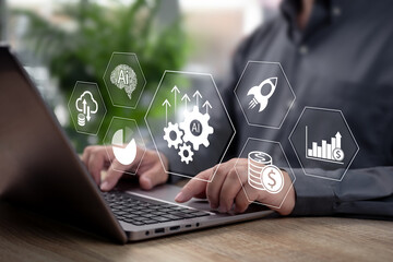 Performance Enhancement Technology Concept,Businessman Optimizing Efficiency,Process Improvement Innovative Solutions, Productivity Growth,Digital Transformation,Corporate Development,Business Success
