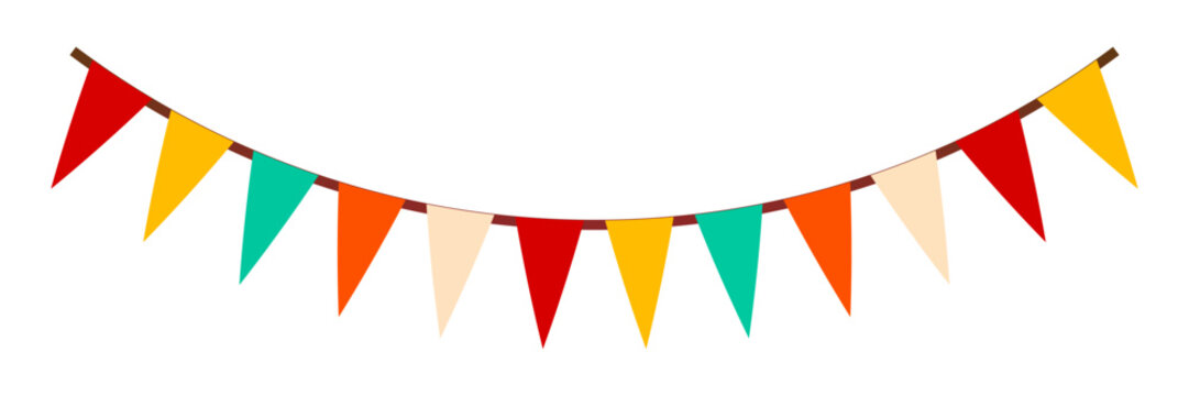Festive flag garland vector illustration. Retro bunting in simple flat style, isolated on white background. Carnival, birthday, circus border decoration.